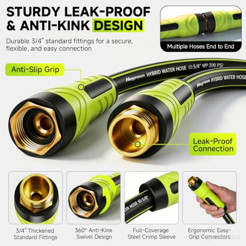 Garden Hose 25ft, Non-Expandable Heavy Duty Water Hose with 10 Function Sprayer, Flexible, Leakproof, Kink Resistant & Hybrid Hose for Yard, Outdoor, 600 PSI - size: 25ft
