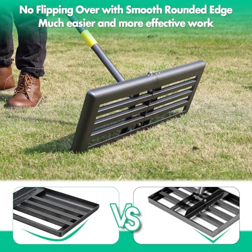 Lawn Leveling Rake,Folding 30x10 Inch Ground Plate,70 Inch Adjustable Long Handle Yard Level Tool with Curved Edge,Heavy Duty Landscaping Lawn Leveler for Grass, Golf Field, Soil Sand Dirt Spreader - size: Foldable 30"x10", 78"