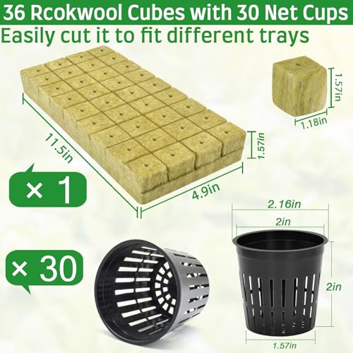 Halatool 36PCS 1.2" Rockwool Cubes & 30PCS 2" Net Cups for Hydroponics - size: 1.2" rockwool-36pcs+2" net cups-30pcs