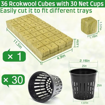 Halatool 36PCS 1.2" Rockwool Cubes & 30PCS 2" Net Cups for Hydroponics - size: 1.2" rockwool-36pcs+2" net cups-30pcs