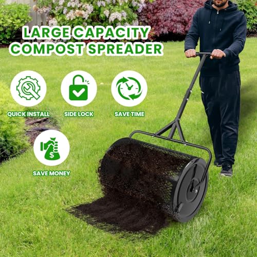 MAKEATREE 16 Inch Compost Spreader and Peat Moss Spreader, 16" Lawn and Garden Roller with Adjustable Handle, Steel Mesh Basket for Spreading Manure, Top Soil, Black - size: 16 Inches
