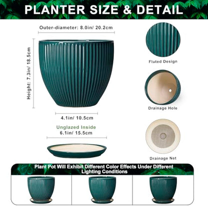 Ceramic Planter, 8 Inch Plant Pots with Saucer, Blackish Green - color: Blackish Green, size: 8 Inch