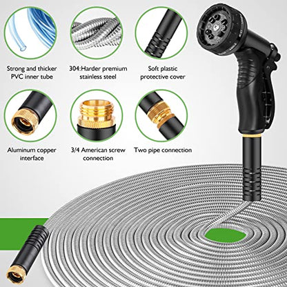 Rcfunkid Garden Hose 75FT No-Kink Metal Hose With 10 Function Nozzle Tough - size: 75FT