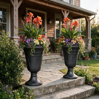 24" Tall Urn Planters for Outdoor Plants, Urns and Pedestal, Black - color: Black-concrete Look/Sandblasting