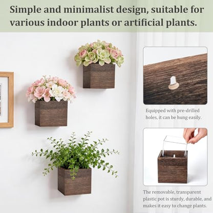 Dahey Small Wall Hanging Planters 3 Pack 4 Inch Wood Pot with Plastic Liner