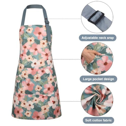 BOUMUSOE 3 Pack Floral Aprons with Pocket, Blooming Womens Aprons - color: Orange, Green, Pink