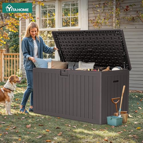 YITAHOME 220 Gallon Double-Wall Deck Box with Divider & Side Handles - color: Brown, size: 220 Gallon