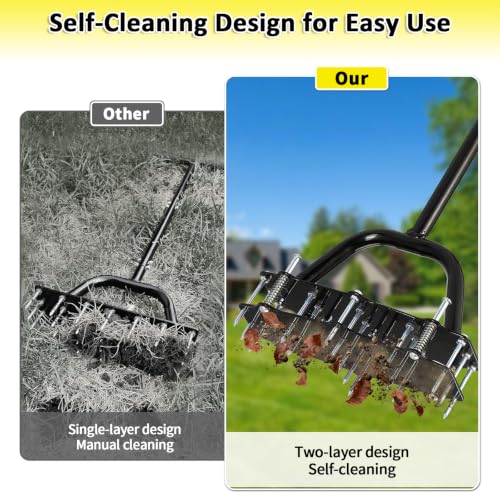 Manual Lawn Aerator Tool Automatic Dirt Clean Design with 17 Spikes