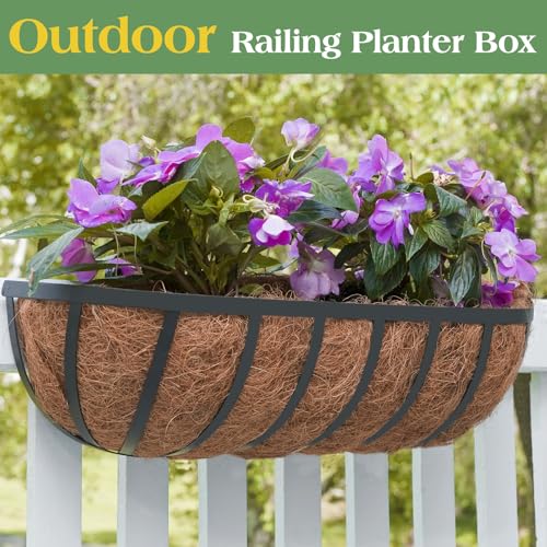 ZeeDix 24 Inch Railing Planter Box, 2 Pack Metal Window Box with Coco Liner