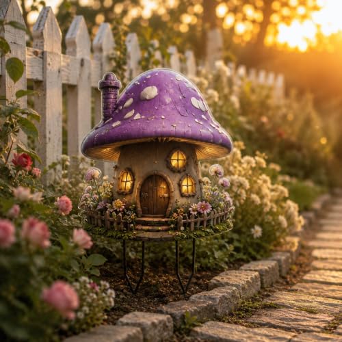 Garden Stakes, 2D Acrylic Purple Mushroom House Decorative Stake, Window Floral Outdoor Ornament for Patio Planters Flower Beds Landscaping Decor - color: Purple Mushroom House