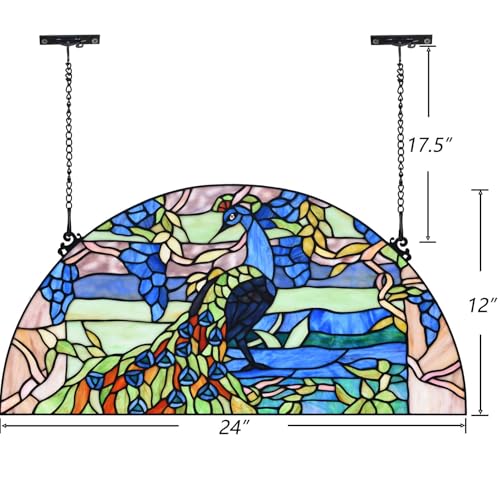 Bieye W10093 Blue Peacock Tiffany Style Stained Glass Window Panel - size: 24Wx12H Half-round