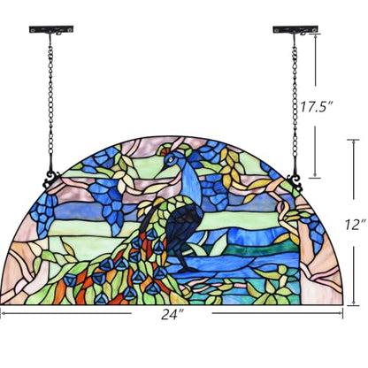 Bieye W10093 Blue Peacock Tiffany Style Stained Glass Window Panel - size: 24Wx12H Half-round