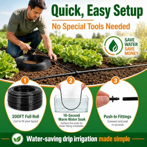 1/4 Drip Irrigation Tubing 200FT, Built-in 0.5 GPH Emitters, 6 Inch Spacing - size: 200FT