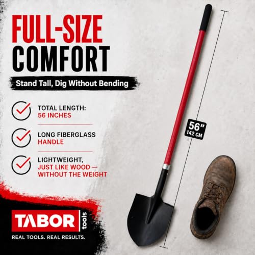 TABOR TOOLS J202A Round Point Digging Shovel with Long 56 Inch Fiberglass Handle, Garden Spade for Digging Soil, Roots & Planting, Less Back Strain - size: Straight Handled, Round Blade