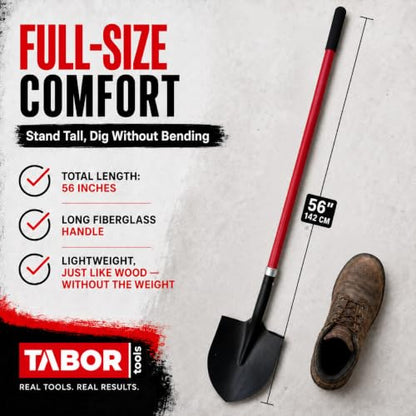 TABOR TOOLS J202A Round Point Digging Shovel with Long 56 Inch Fiberglass Handle, Garden Spade for Digging Soil, Roots & Planting, Less Back Strain - size: Straight Handled, Round Blade