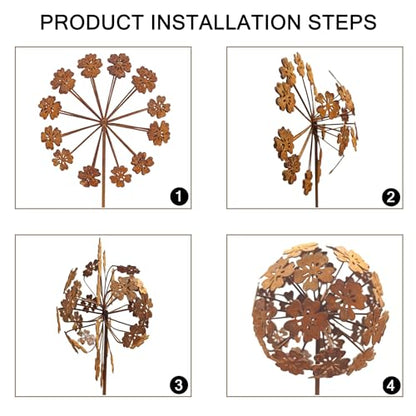 Rustic Dandelion Garden Stakes 2 Pack, 3D Rusty Metal Flowers Sculpture - color: Style 2