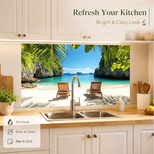 Kitchen Wallpaper 17.3x28 in Tropical Beach Palm Trees for Stove Backsplash - color: Colorful1271