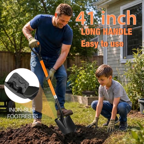 41-Inch Round Point Heavy Duty Digging Shovel, Fiberglass Handle with D-Grip & Serrated Alloy Steel Head, Ideal for for Garden, Construction, Masonry, and General Digging in Soil, Dirt & Gravel - size: 41 inch