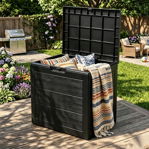 35 Gallon deck box outdoor waterproof, Resin Outdoor Storage, Black - color: BLACK, size: 35 Gallon