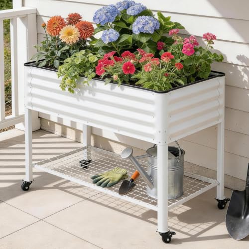 Elevated Raised Garden Bed Outdoor with Shelf, Wheels, 2' X 4', White - style: Deluxe White(With Casters, Shelf)