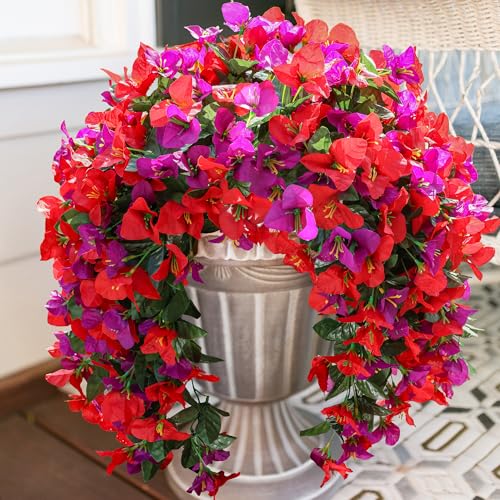 2 PCS Bougainvillea Artificial Hanging Flowers Plants for Outdoors, Mix - color: Purple + Red
