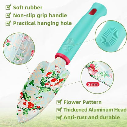 Garden Tools Set, JUMPHIGH 10 PCS Heavy Duty Gardening Tools Includes Hand Trowel Rake Weeder Pruner, Gardening Gifts for Women, Garden Kit with Tote Bag, Apron, Gloves, Kneeling Pad - color: Blue Green