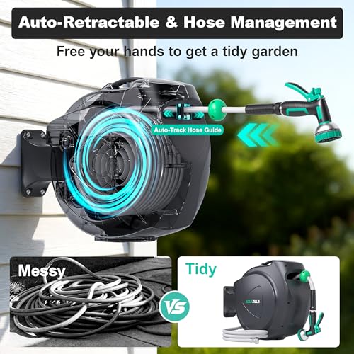 Retractable Garden Hose Reel, 100Ft x 1/2" Durable Wall Mounted Water Hose Reel with 180¡ãSwivel Bracket, 9 Pattern Sprayer, 6Ft leader hose,Smooth Automatic Rewind, Any Length Lock. - size: 100Ft x 1/2"