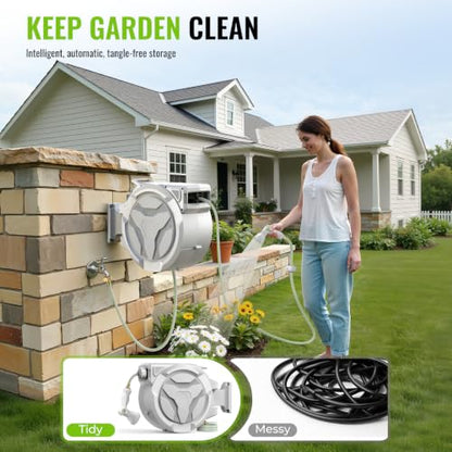 100 FT Retractable Garden Hose, Heavy Duty Wall Mounted Water Hose Reel - color: White