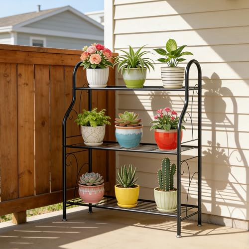SORCEDAS Plant Stand Indoor Outdoor 3 Tier Metal Corner Flower Shelf - size: 3 Tier-Dark Grey