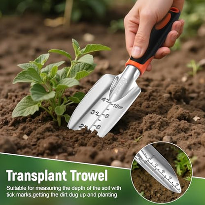 Garden Tool Set, 3 Pack Aluminum Heavy Gardening Kit Including Hand Shovel, Transplant Shovel and Hand Rake for Planting, Digging, Weeding - color: Orange