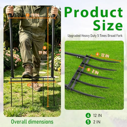 Broadfork, 12" Long 5-Tine Broadfork Gardening Tool for Gardening Cultivation Composting Transplanting Digging Farm Crushing Soil Aeration Garden Fork for Loosening Soil