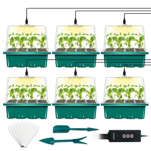 6-Set Seed Starter Tray with Grow Light, Seed Starting Trays Kits with Timing Controller Adjustable Humidity Domes Heightened Lids(12-Cells Per Tray) - color: Green 6-set
