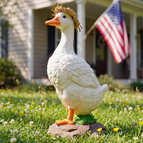 11.6" Porch Duck & Concrete Goose Statues, Charming Outdoor Duck Sculptures, Porch Goose, Duck Statue for Patio, Garden, Home Decor, Weather-Resistant, Hand-Painted - color: White Multi