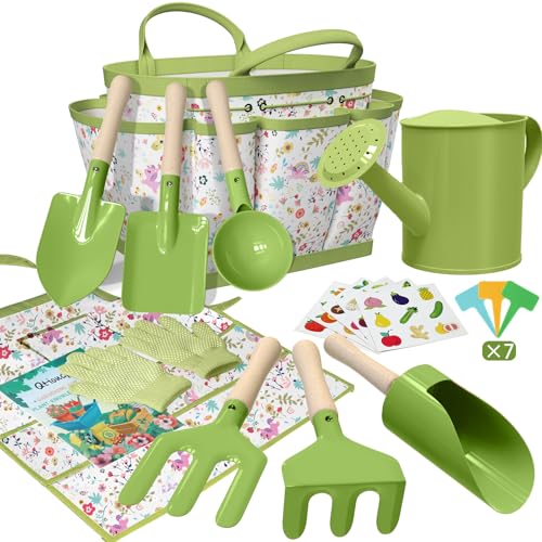Kids Gardening Set 14Pcs Gardening Tools for Kids with Tote Bag,Watering Can, Shovel, Apron, Garden Book and More Educational STEM Learning Outdoor for Toddlers Boys Girls (Green-1) - color: Green-1