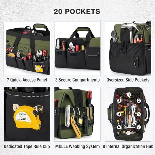 HISEA Heavy Duty Tool Bag 20 Pockets, 16-Inch Portable Tool Box Organizer