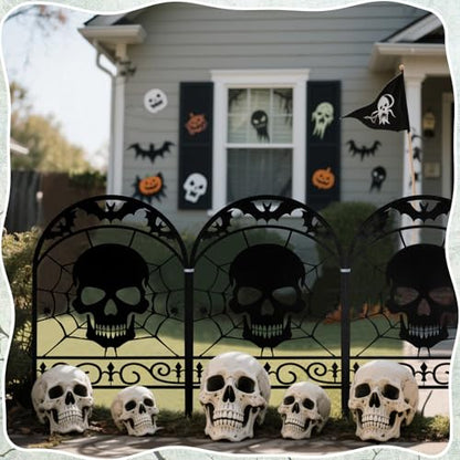 Yaocom 6 Pack Halloween Skull Fence, 16.5"H x 11.8"W Metal Graveyard Decor - style: Skull