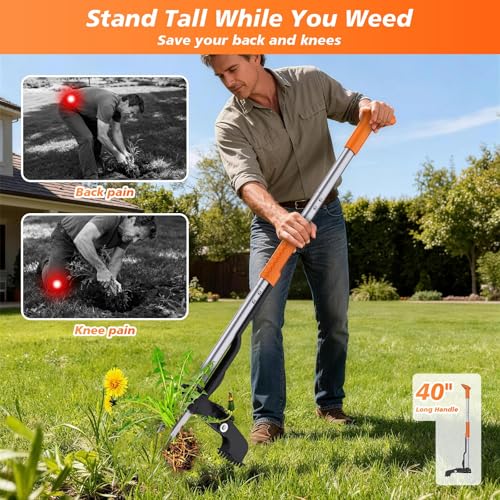 Stand Up Weed Puller Tool - 4-Claw Steel Head Hand Weeding Tool - 40" Retractable Handle with Easy-Eject Mechanism for Dandelions, Clover, No Bending or Kneeling
