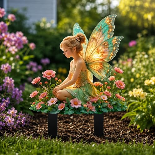 2D Flat Acrylic Flower Picking Fairy Garden Stake, Weather Resistant Outdoor Yard Decor, Sealed Fairy with Pink Flower Print Garden Ornament for Flower Pot, Lawn, Balcony, Garden Decoration Gift - color: Flower Picking Fairy