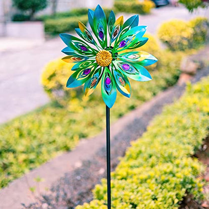13" Metal Peacock Wind Spinner, Large Wind Sculptures Outdoor - color: C-2 Layer(13")