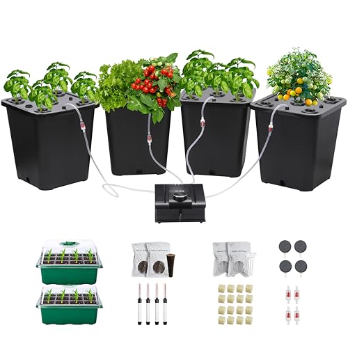 4 Hydroponic Buckets Kit for Plants, Hydroponics Growing System for Herbs/Tomato/Vegetables, DWC System with Air Pump & Germination Tray Black (Complete Indoor Hydroponic Gardening Supplies) - size: 4 Buckets Kit (Black)