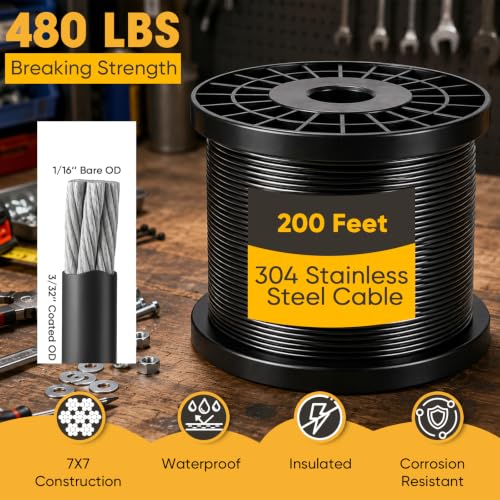 String Light Hanging Kit with 200FT Black Vinyl Coated Wire Rope - size: 200FT