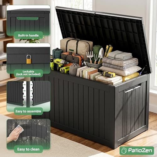 PatioZen 310 Gallon Deck Box Lockable Waterproof UV Resistant Black - color: Black, size: 310 Gallon