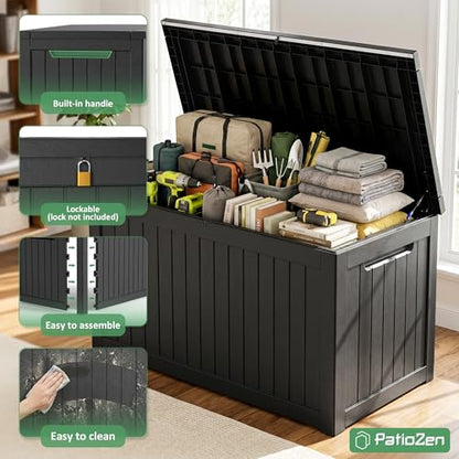 PatioZen 310 Gallon Deck Box Lockable Waterproof UV Resistant Black - color: Black, size: 310 Gallon