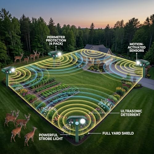 2026 Sonic Fortress Pro Deer Repellent Devices with USB Charge,Solar Ultrasonic Animal Repellent with Motion Sensor&Flash Light,Deer Deterrent for Flower beds,Vegetable Gardens,Plants 4Pack