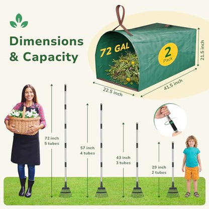 GreatBuddy Leaf Rake and Leaf Bags Combo, Adjustable Metal Garden Rake 29''-72'' 11Tines, 2 Pack 72 Gallon Reusable Yard Waste Bags, Heavy Duty Lawn Rake with Dustpan Leaf Collector for Yard Cleanup - size: 11 tines & 72 gal 2 packs