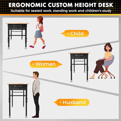 60" Adjustable Workbench with Rubberwood Top & Power Outlet,Large 60 x24Inch 9-Level Height Range 27"-37", 2000 LBS Heavy Duty Capacity for Workshop, Office, Garage, Home - size: 60*24 Inch