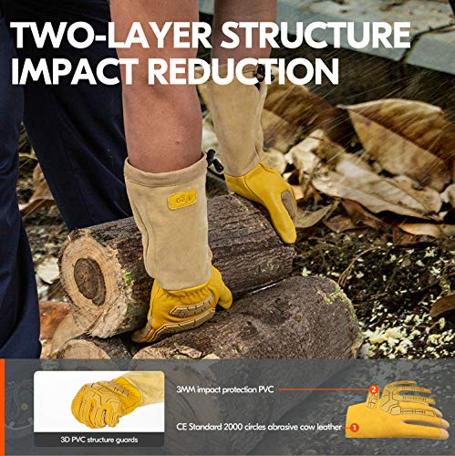 Vgo... Men's Extra-Long Leather Gardening Gloves, Gauntlet with Adjustable Cuff, Puncture & Thorn Proof, Touchscreen (CA9659) - color: 1 Pair - Yellow, size: Men's Large