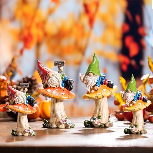 TERESA'S COLLECTIONS Set of 2 Cute Fall Decoration Garden Gnome on Mushroom - size: Medium