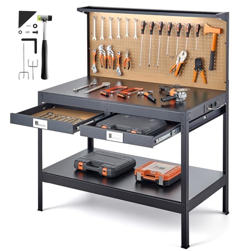 VEVOR Workbench, 47.2-inch Heavy Duty Steel Workbench with Pegboard & Drawers, 242.5 lbs Capacity, Work Benches for Garage with 4 AC Outlets & 2 USB Ports for Workshop, Basement, Garden