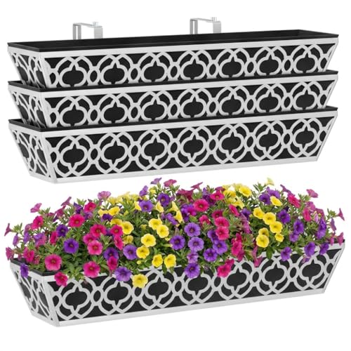 Y&M 30'' Metal Railing Planter Box Set with Black Non-Woven Fabric Liner, Flower Boxes with Adjustable Brackets, 4 Pcs Large Hanging Window Boxes for Fence, Deck, Balcony, and Garden - Gray - size: Flower 30in 4P-Gray